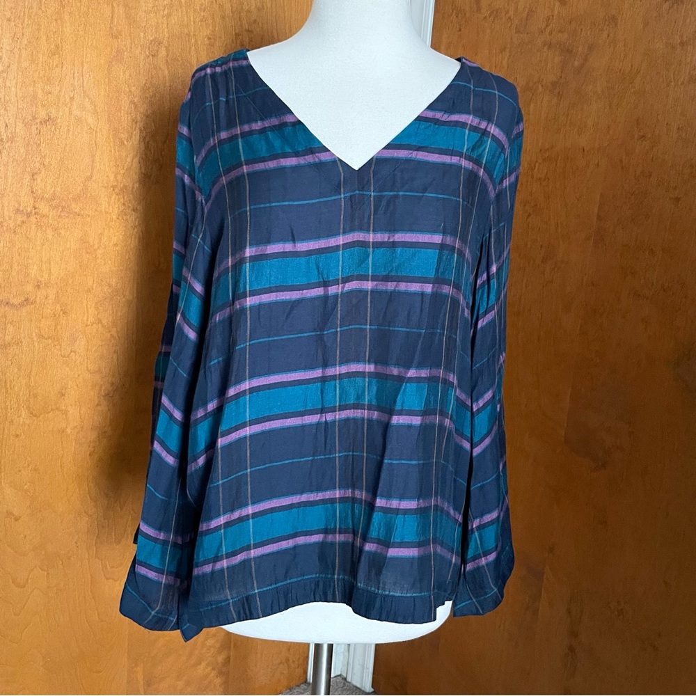 Loft Plaid V-Neck Blouse Blue Navy Purple Bell Long Sleeves Small